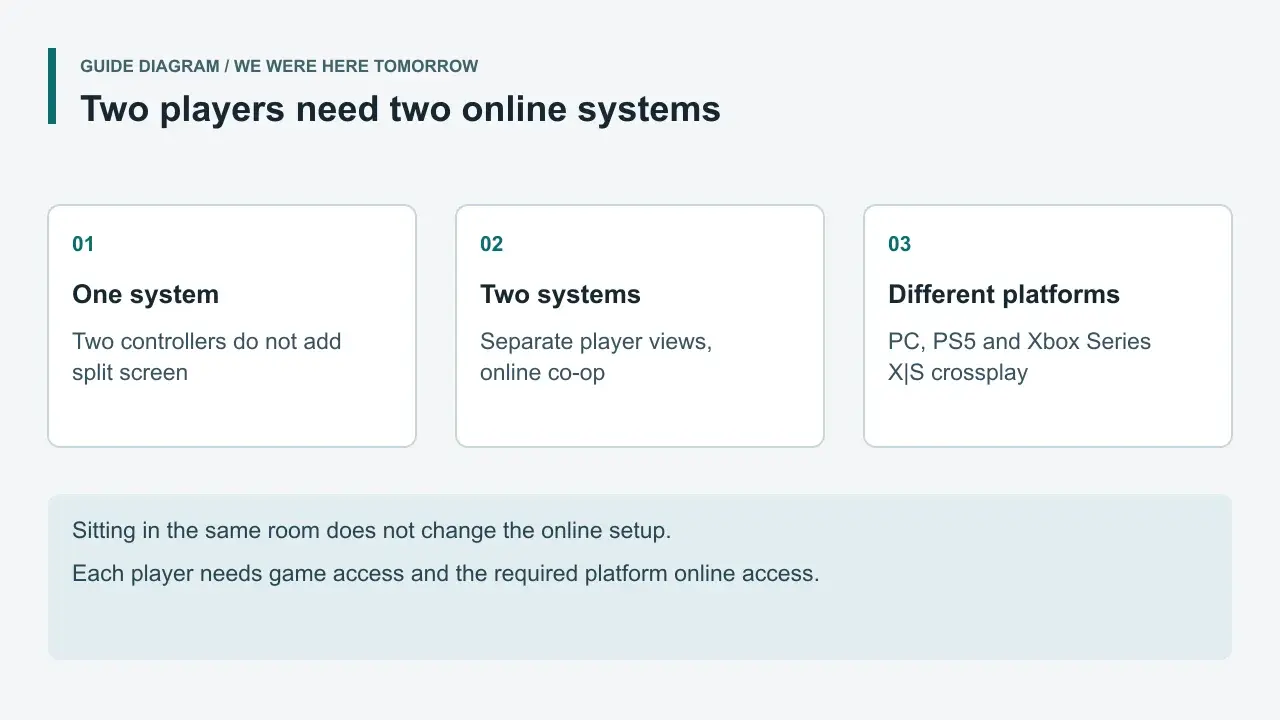 Guide diagram showing two online systems, separate player views and supported crossplay