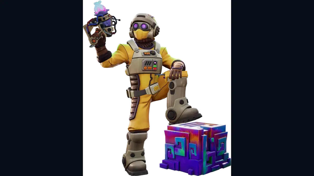 Official yellow-suited Explorer holding a tool beside a cube