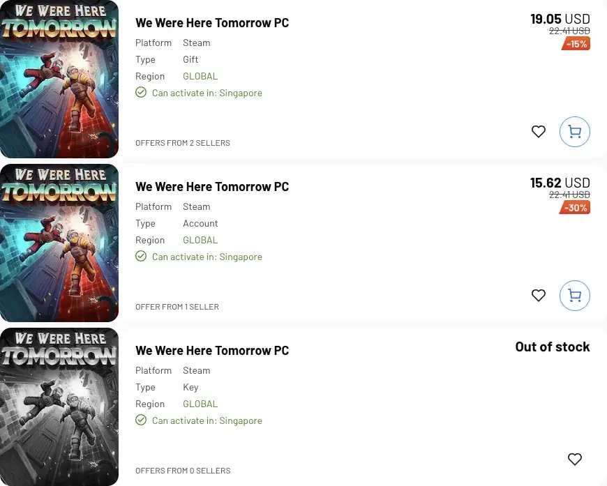 Three Steam offers labelled Gift, Account and Key with separate availability fields