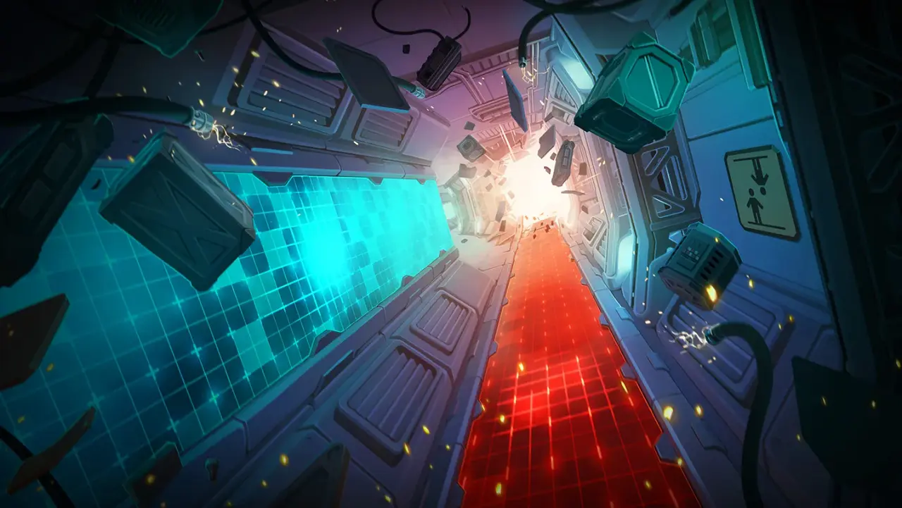 Official promotional background showing gravity-shifted corridors at Norček Industries