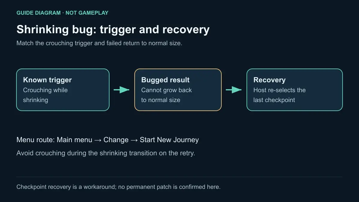 Guide diagram: crouching during shrinking can prevent regrowth; reload the last checkpoint