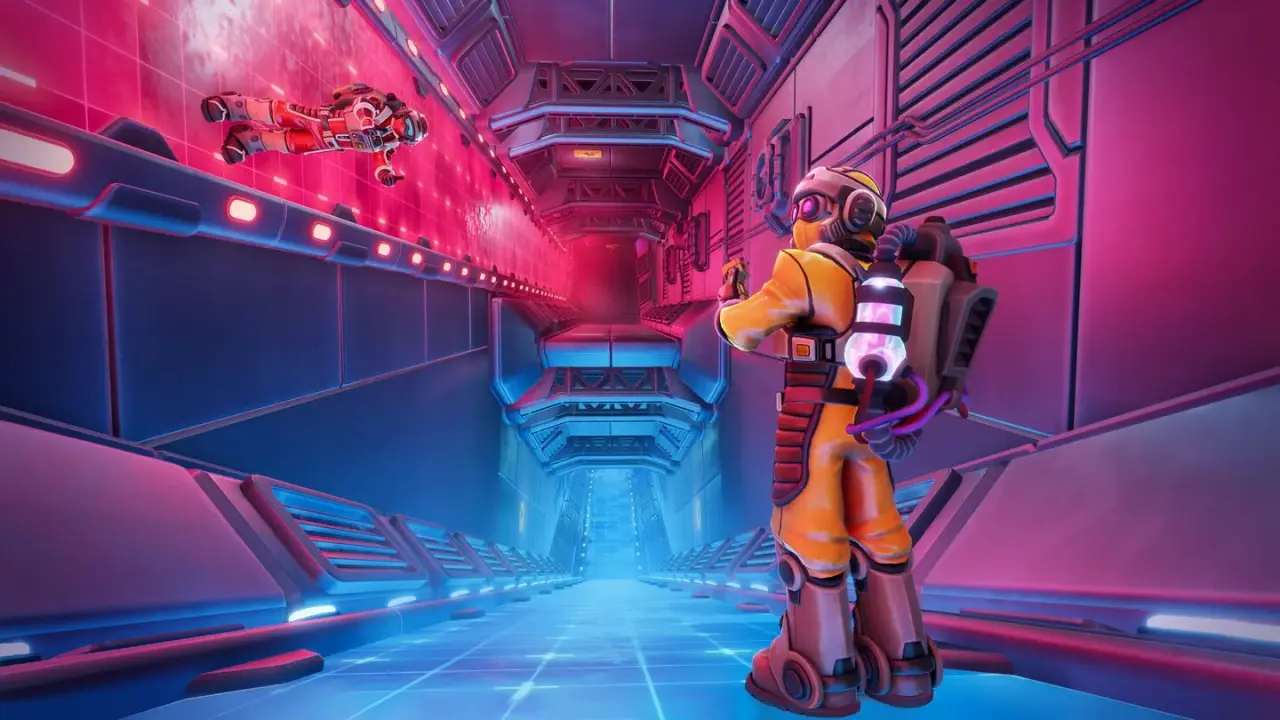 Two explorers stand on differently oriented surfaces in a red and blue gravity corridor