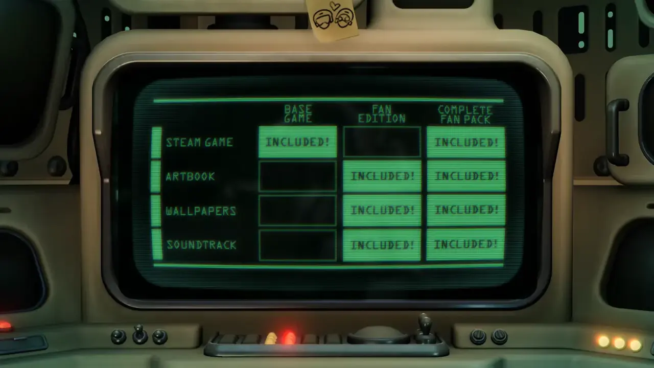 Base game, Fan Edition, and Complete Fan Pack contents compared on a green display